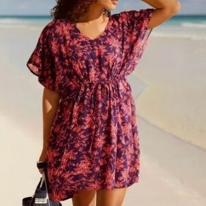 Lands' End Women's Short Sleeve Gathered Waist Cover Up Dress